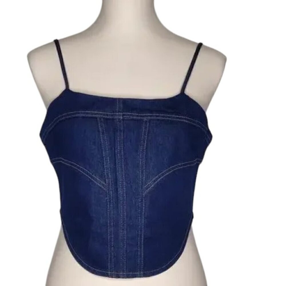 Sincerely Jules Y2K Blue Denim Corset Boho Crop Top with Adjustable Straps